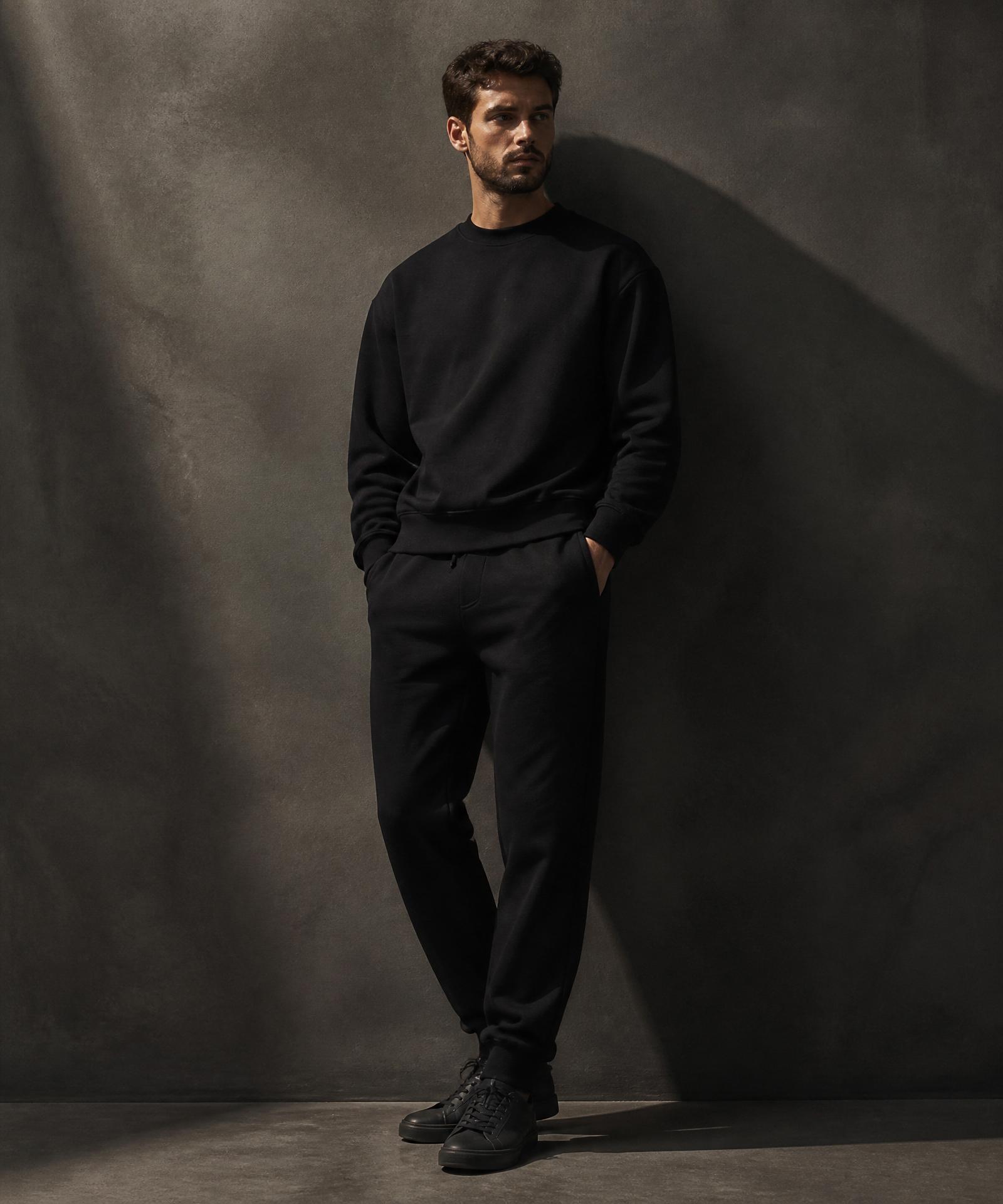 Man in VANTA black heavyweight cotton set